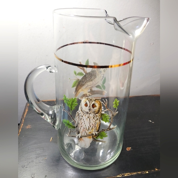 Vintage Other - Vintage MCM Retro Owl Glass Gold Rimmed Pitcher / Bar Cart Decor